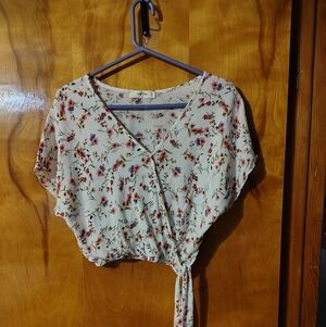 Wild Love,Floral Tie-Front V-Neck Women's Top - Cream, Orange,Design Size M